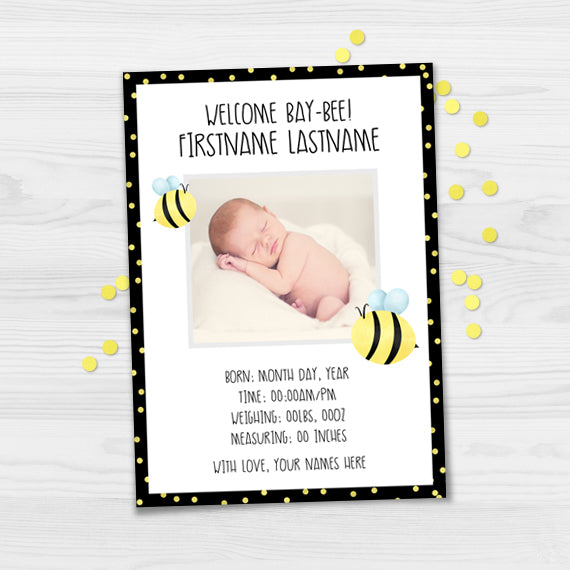 Welcome Bay-Bee Birth Announcement - Your Photo And Custom Text Print At Home Card