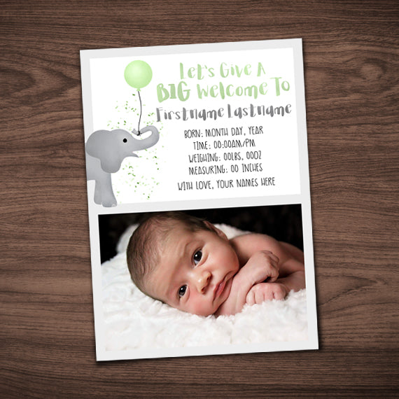 Elephant Birth Announcement - Your Photo And Custom Text Print At Home Card