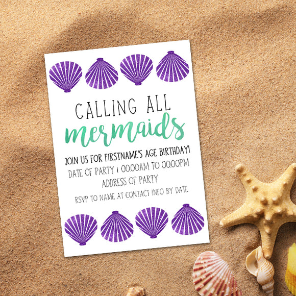 Calling All Mermaids (Birthday) - Custom Text Print At Home Invite