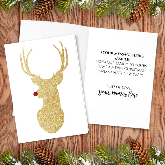 Rudolph (Gold) - Custom Text Print At Home Card