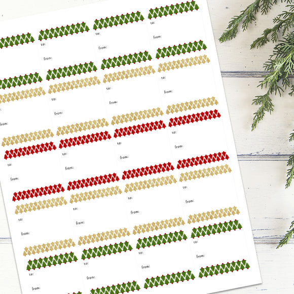 Christmas Tree Pattern Mix Of Red, Green & Gold (Gift Tag) - Stickers