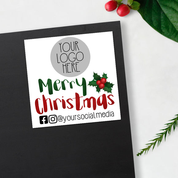 Merry Christmas With Holly (Your Logo And Social Media) - Custom Stickers