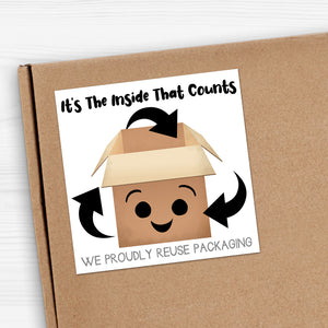 It's The Inside That Counts! We Proudly Reuse Packaging (Happy Box & Recycling Symbol) - Stickers