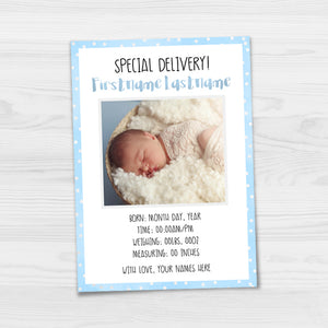Special Delivery (Polka Dot) Birth Announcement - Your Photo And Custom Text Print At Home Card