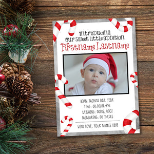 Candy Cane Birth Announcement - Your Photo And Custom Text Print At Home Card