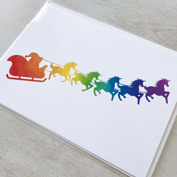 Santa's Sleigh (Rainbow Unicorns) - Ready To Ship Card