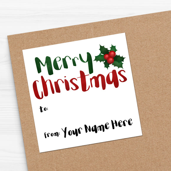 Merry Christmas (Holly) Gift Tag - Custom Stickers