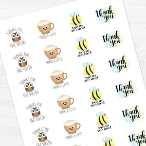 Thank You (Owl, Latte, Bumblebee, Watercolor) - Stickers