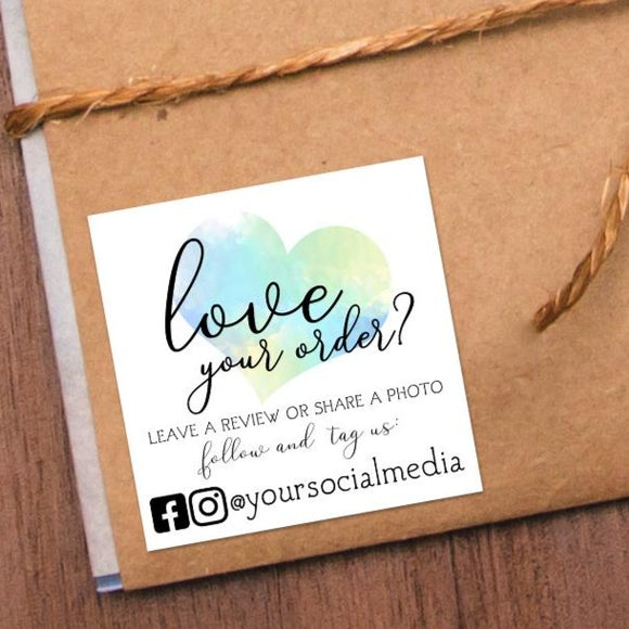 Love Your Order? Leave A Review Or Share A Photo (Fancy Blue Mix Watercolor Heart) - Custom Stickers