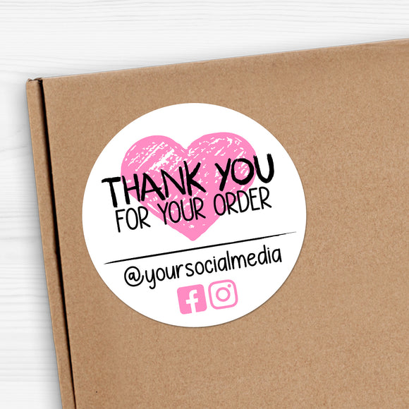 Thank You For Your Order With Social Media (Crayon Heart) - Custom Stickers